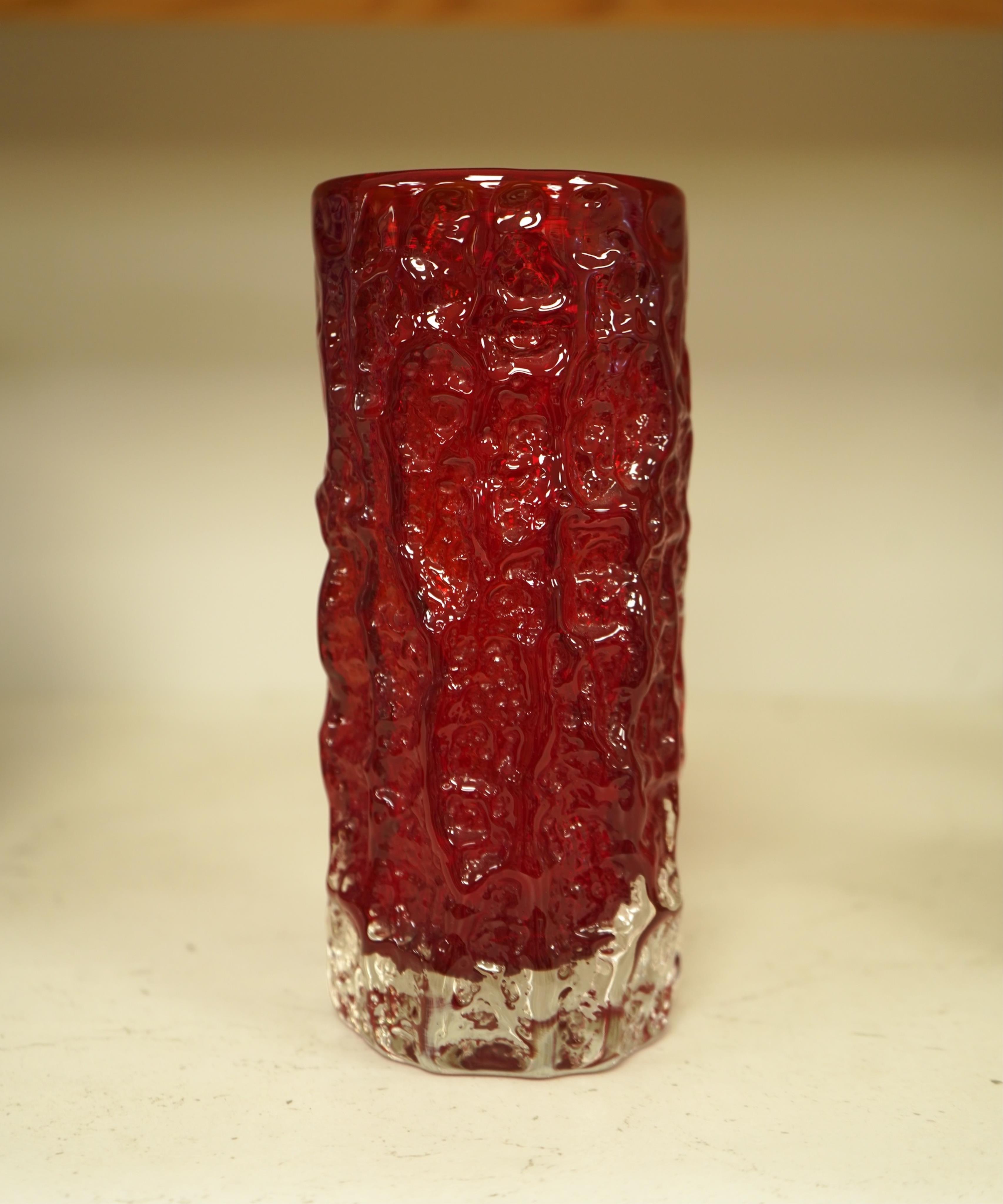 A Geoffrey Baxter for Whitefriars ruby red bark vase, 19cm high